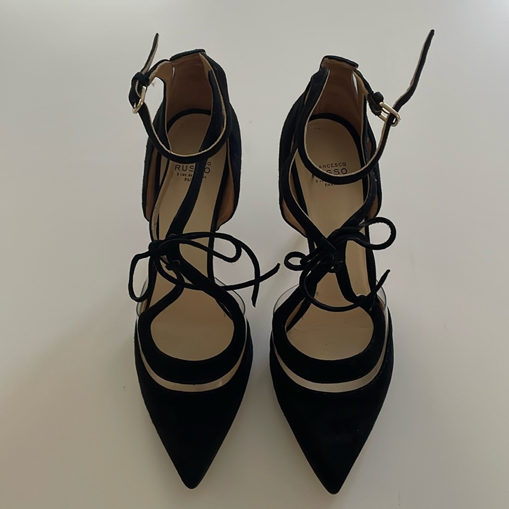 FRANCESCO RUSSO Black Suede Plexi Pumps. IT 39.